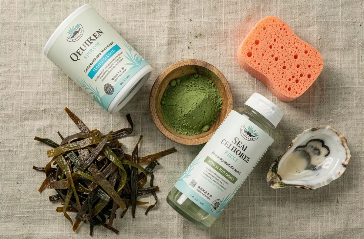 Plat posé avec des produits cosmétiques marins et des ingrédients naturels comme la spiruline, le moss marin et une huître sur lin texturé