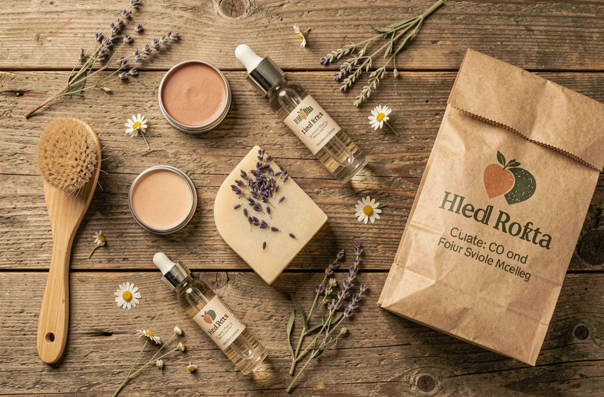 Flat lay de produits cosmétiques bio et naturels sur bois brut, trouvailles beauté en magasin bio
