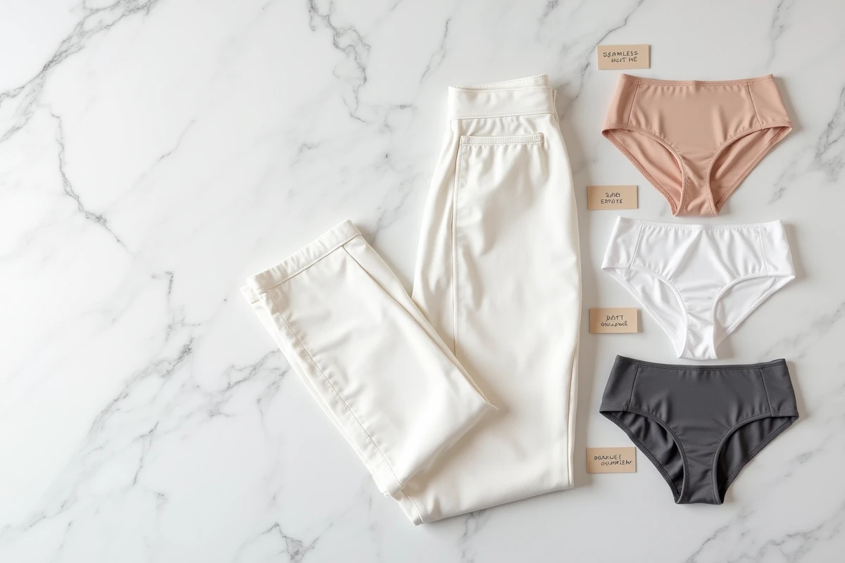 Flat lay de pantalon blanc et plusieurs options de slips de couleur différentes sur marbre, guide de choix de lingerie