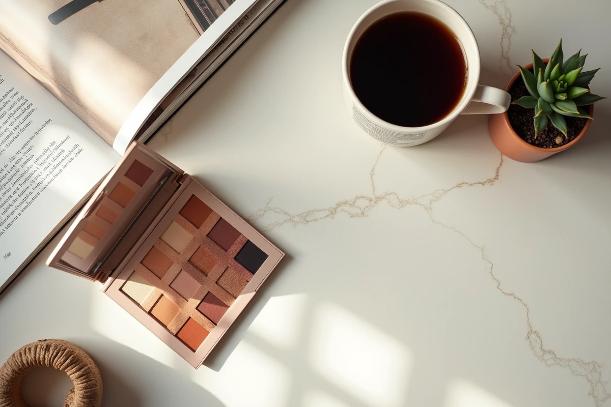 Flat lay éditorial d'une palette Ombre Nomad posée sur pierre avec magazine, café et plante grasse dans un décor de bureau cosy