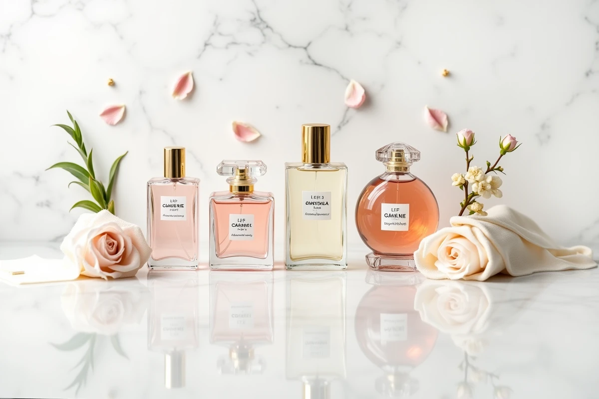 Flat lay de flacons de parfum iconiques sur marbre blanc avec pétales de rose séchées