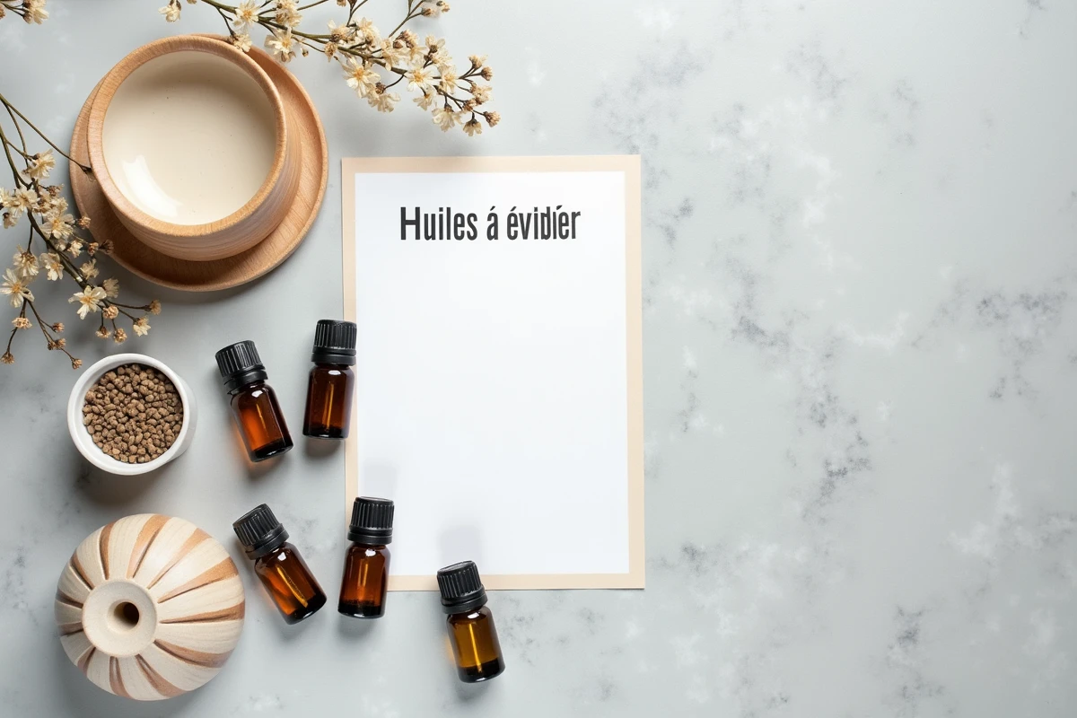 Présentation à plat de flacons d'huiles essentielles déconseillées avec une fiche d'avertissement en français et un diffuseur céramique
