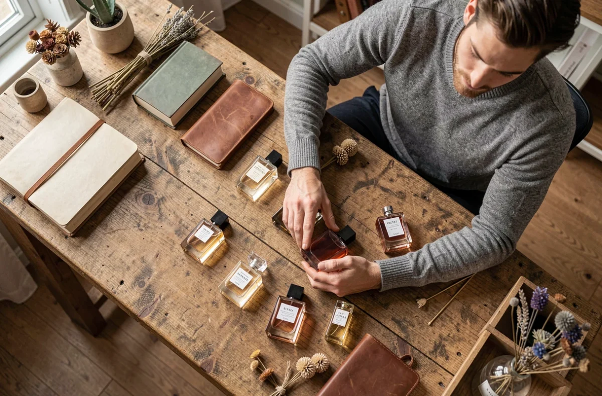 Sélection de parfums dupes Zara homme posés sur un bureau en bois — comparatif budget et style