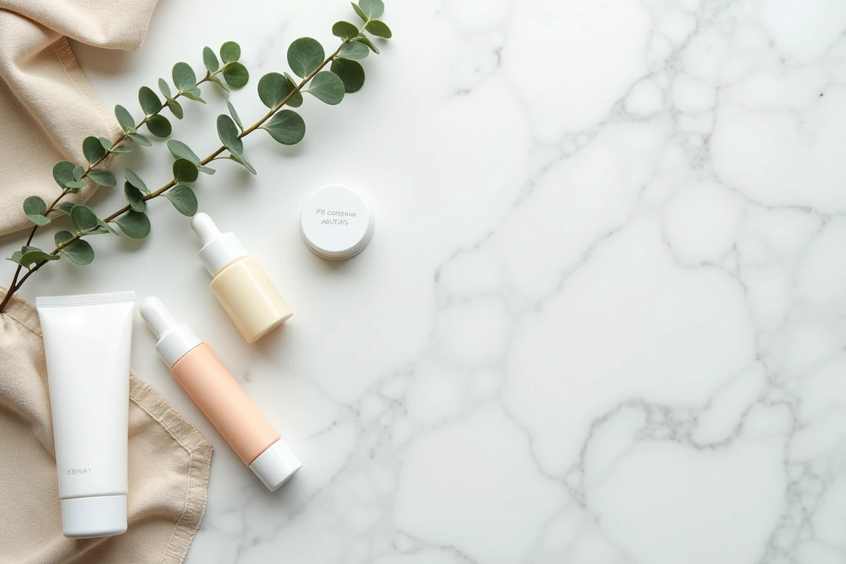 Sélection de produits cosmétiques de pharmacie disposés en flat lay sur marbre blanc