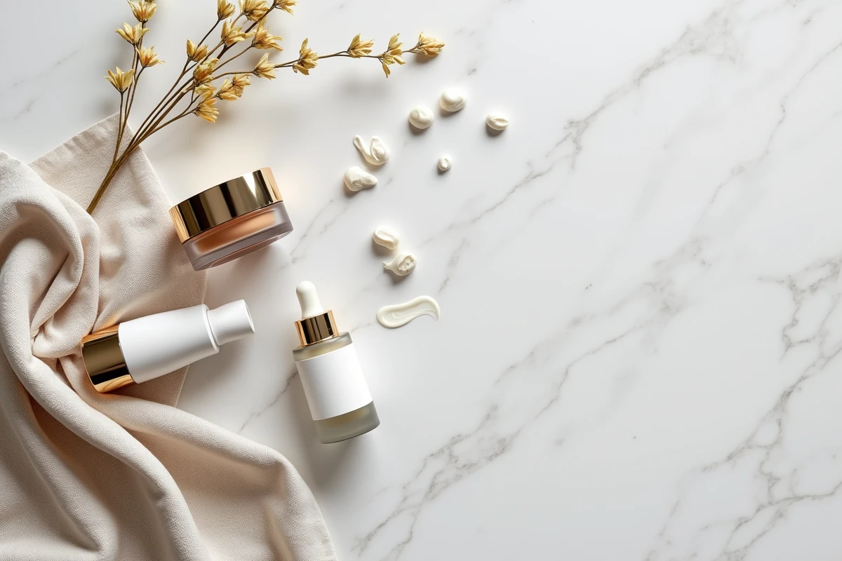 Flat-lay de produits de soin anti-rides haut de gamme sur lin blanc avec éléments botaniques séchés