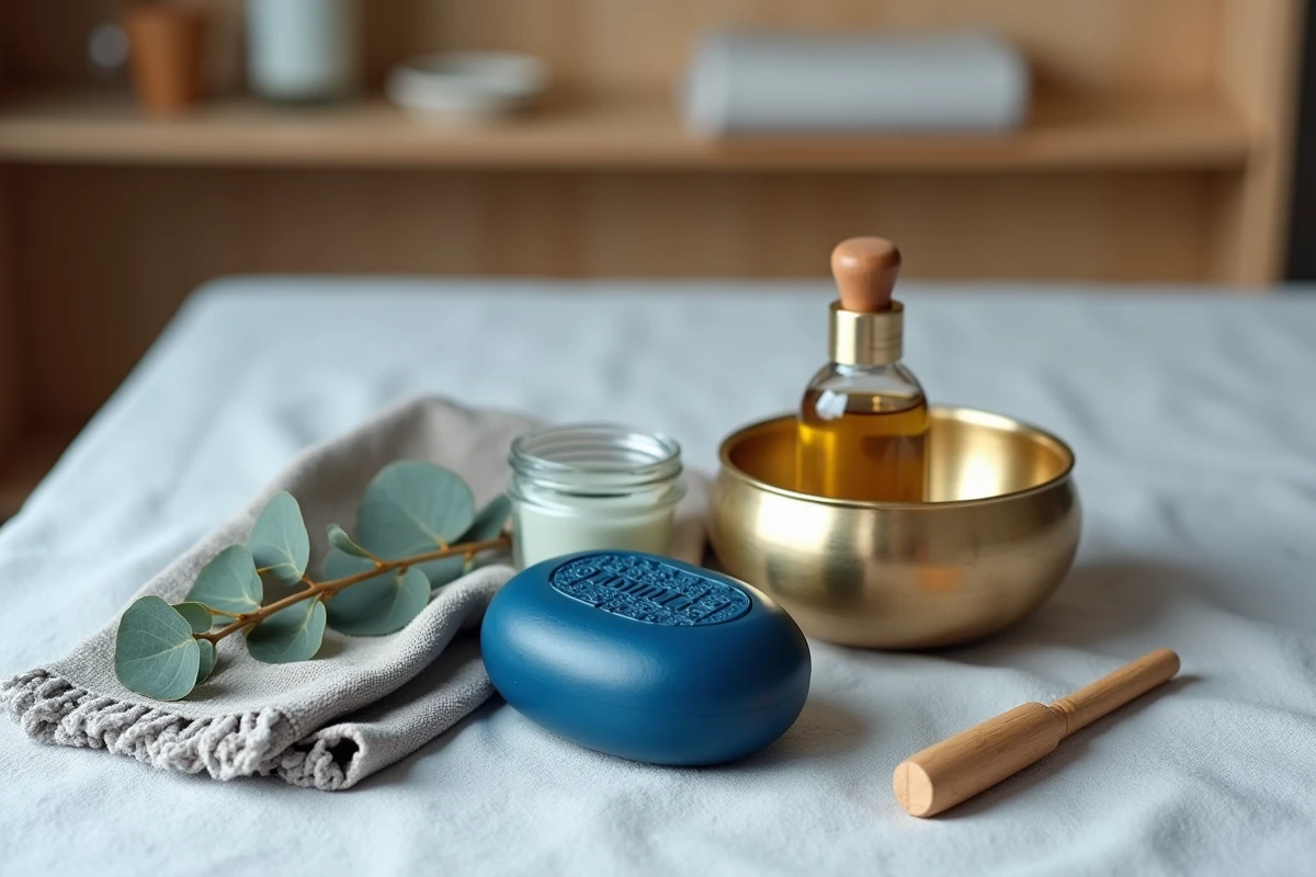 Flat-lay minimaliste du savon Nila bleu avec huile d'argan, eucalyptus et accessoires hammam sur lin gris