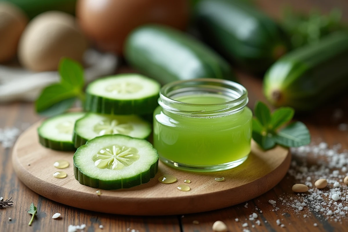 Tranches de concombre frais et gel de concombre maison sur une planche en bois rustique