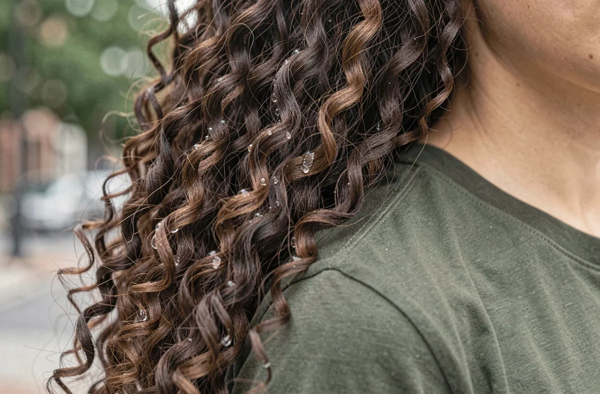 Gros plan sur des boucles définies et brillantes avec un sérum léger visible sur les mèches naturelles