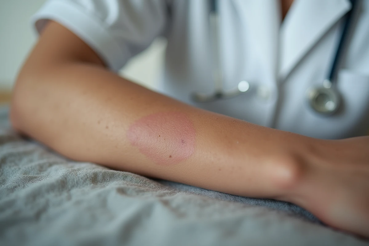 Gros plan d'une cicatrice permanente sur l'avant-bras d'une femme adulte montrant la texture du tissu cicatriciel