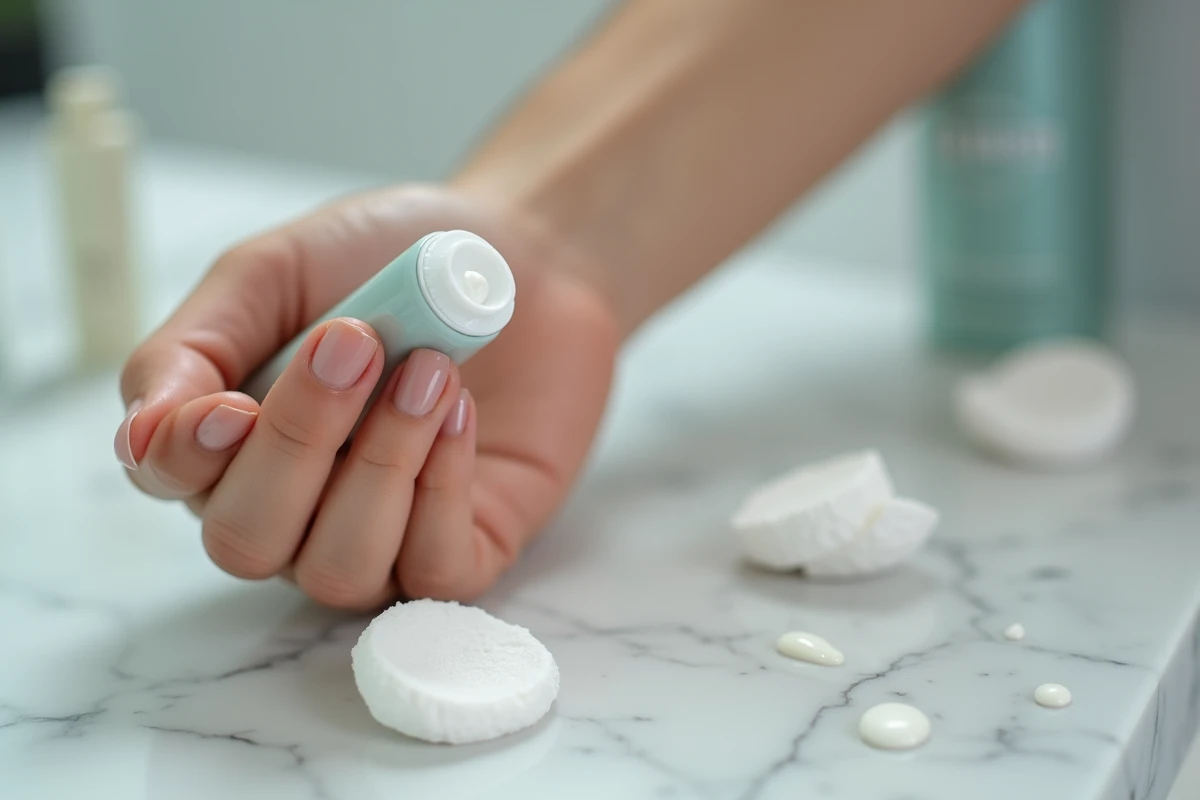 Gros plan d'une main tenant un tube de crème anti-bouton sur un plan de travail en marbre