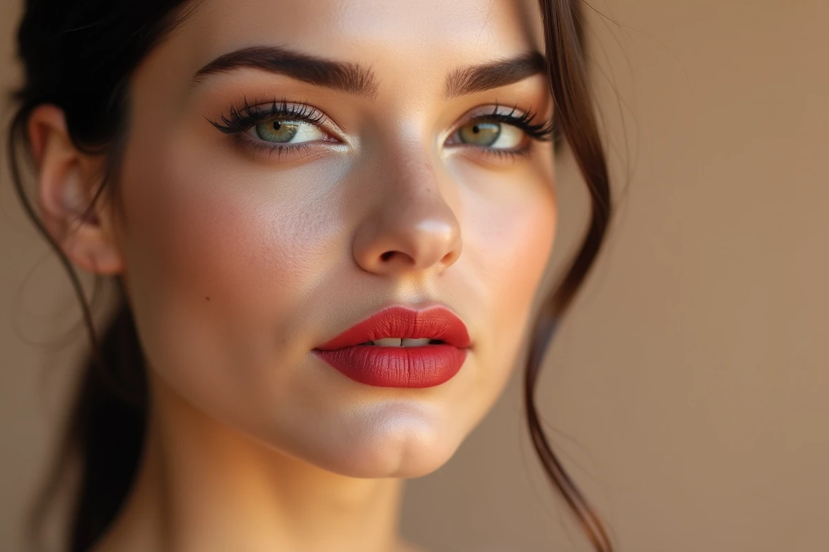 Gros plan portrait d'une jeune femme mettant en valeur la précision et la tenue d'un maquillage longue durée