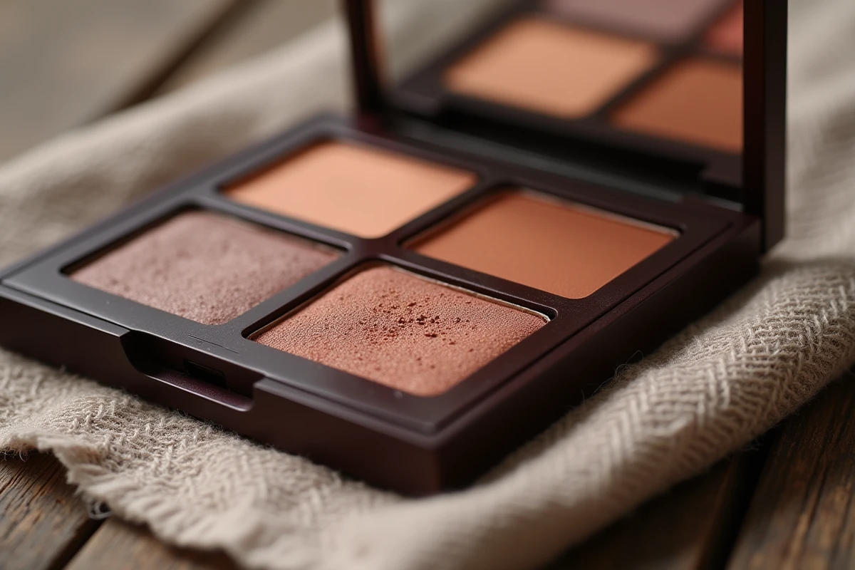Gros plan macro d'une palette de fards Ombre Nomad aux teintes terracotta et bronze posée sur lin brut avec un pinceau de maquillage