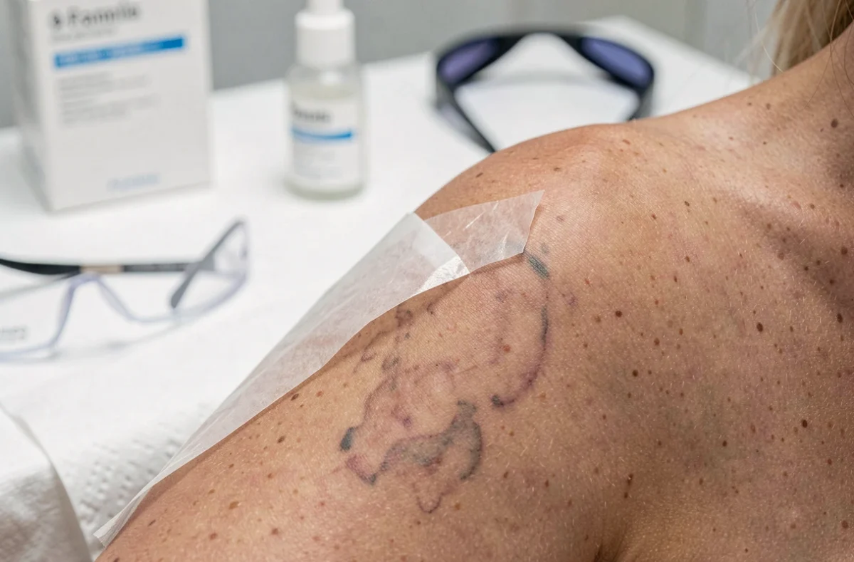Gros plan sur une zone de tatouage en cours d'effacement laser avec pansement protecteur transparent sur la peau après séance