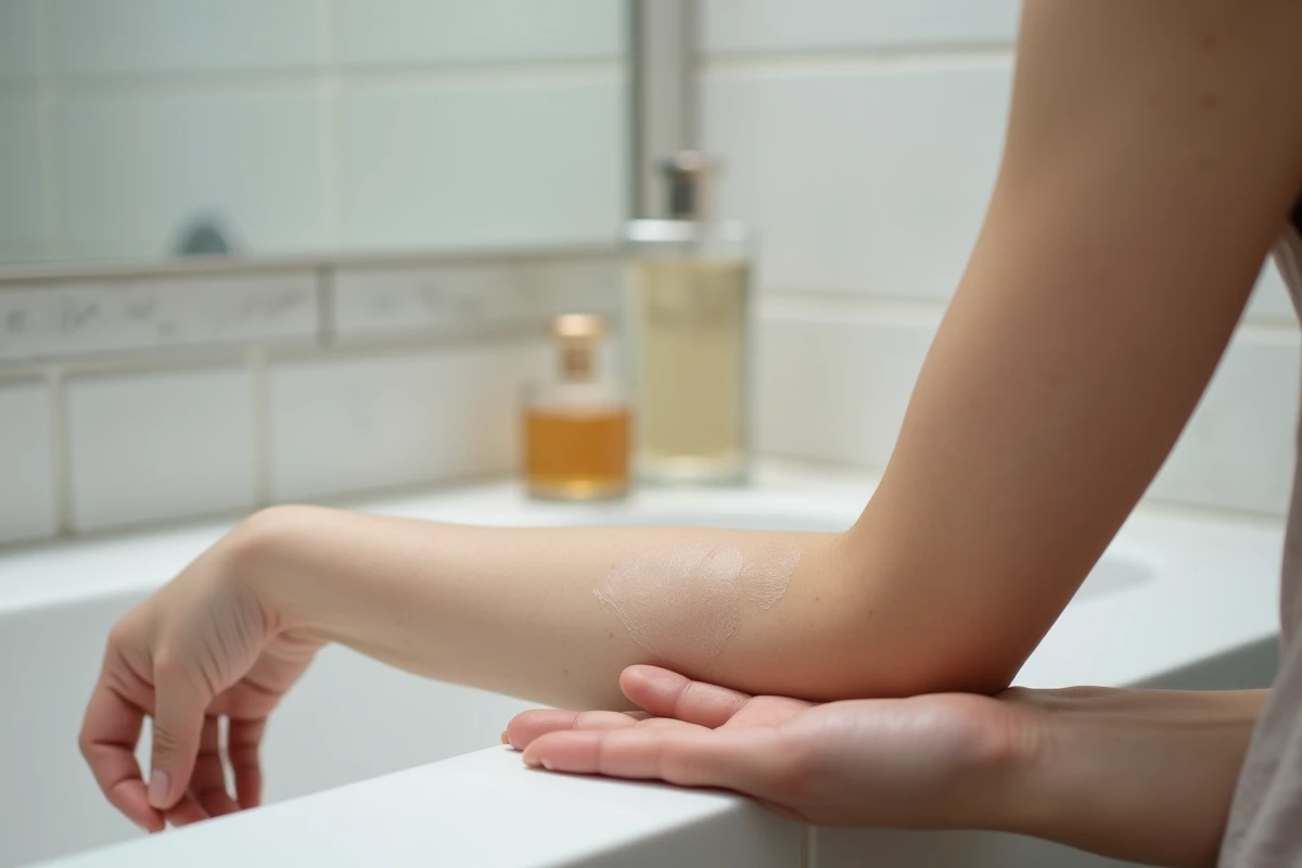 Gros plan sur la peau du creux du coude avec trace de parfum et flacon atomiseur en arrière-plan