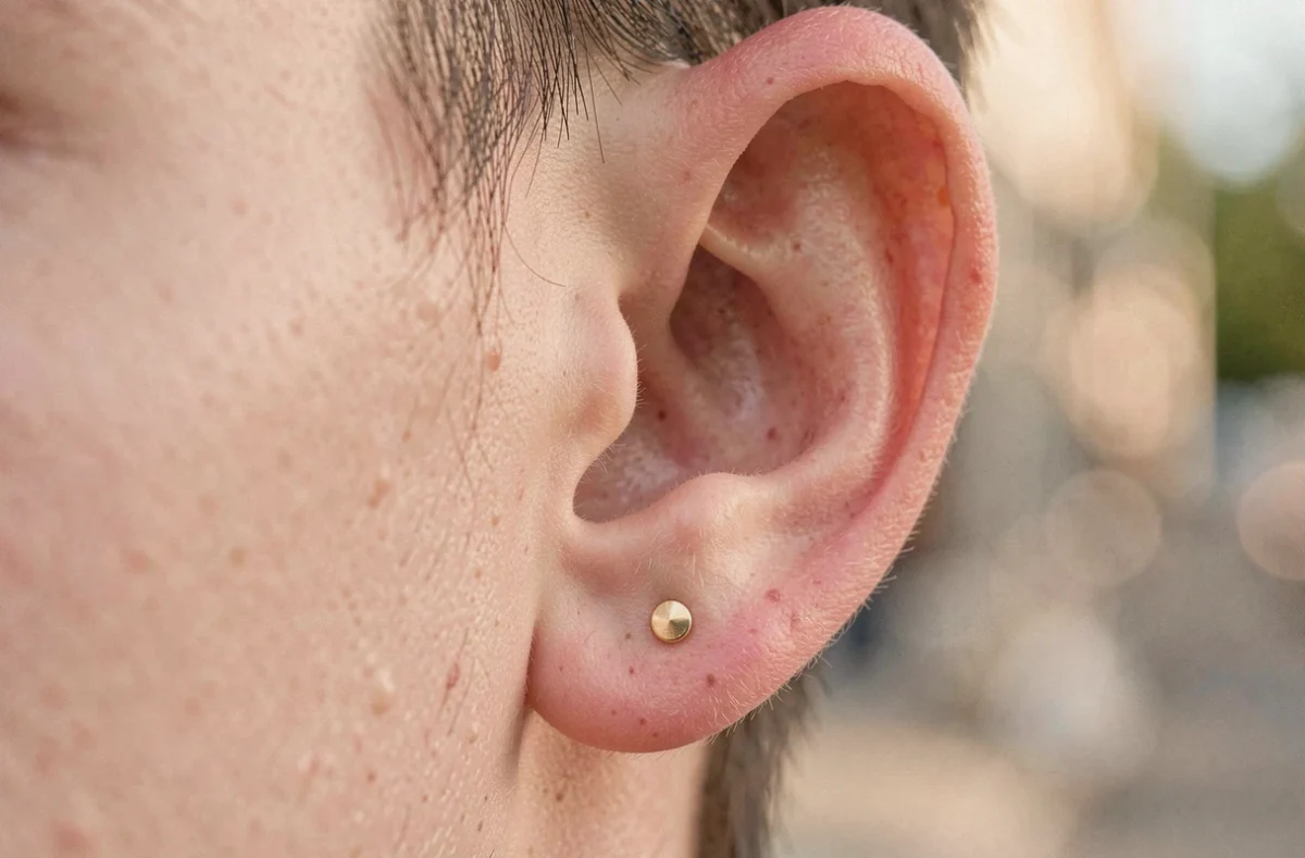 Gros plan sur un piercing helix en or sur le cartilage du haut de l'oreille avec une peau naturelle légèrement rosée