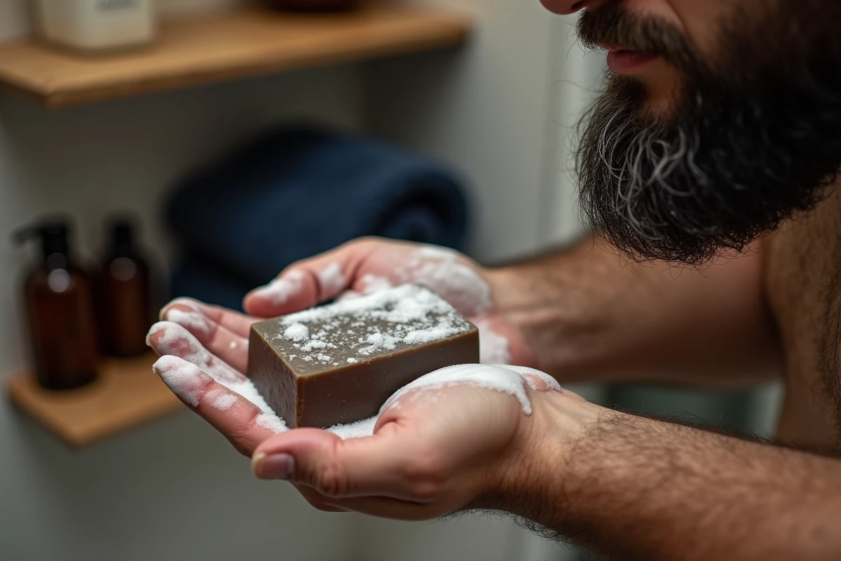 Gros plan mains qui font mousser un savon d'Alep sur une barbe pour un rasage naturel et doux