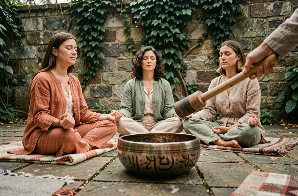 Groupe de femmes en séance de méditation sonore en plein air autour d'un bol tibétain sur une terrasse en pierre entourée de lierre