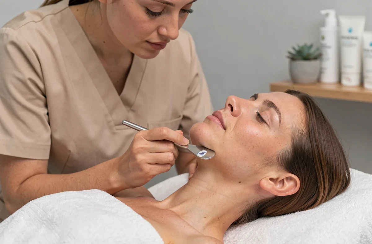 Esthéticienne utilisant un outil gua sha en acier inoxydable pour stimuler la microcirculation cutanée lors d'un soin du visage professionnel