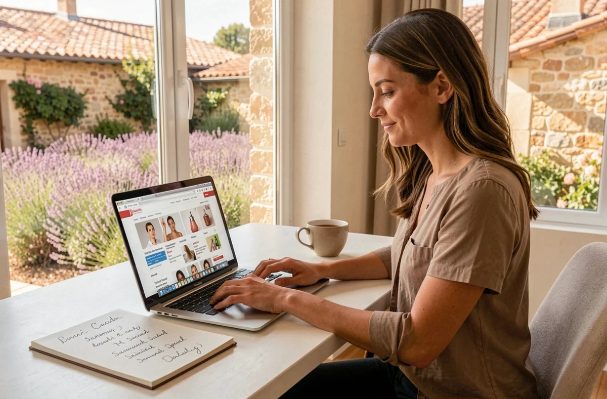 Femme consultant la plateforme Guide Soins Beauté sur un ordinateur portable depuis un bureau lumineux avec vue sur un jardin provençal