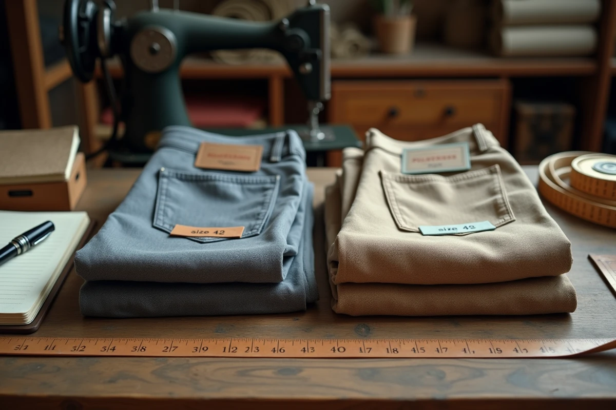 Comparaison de pantalons taille 42 et 44 sur un établi de tailleur avec mètre ruban et étiquettes