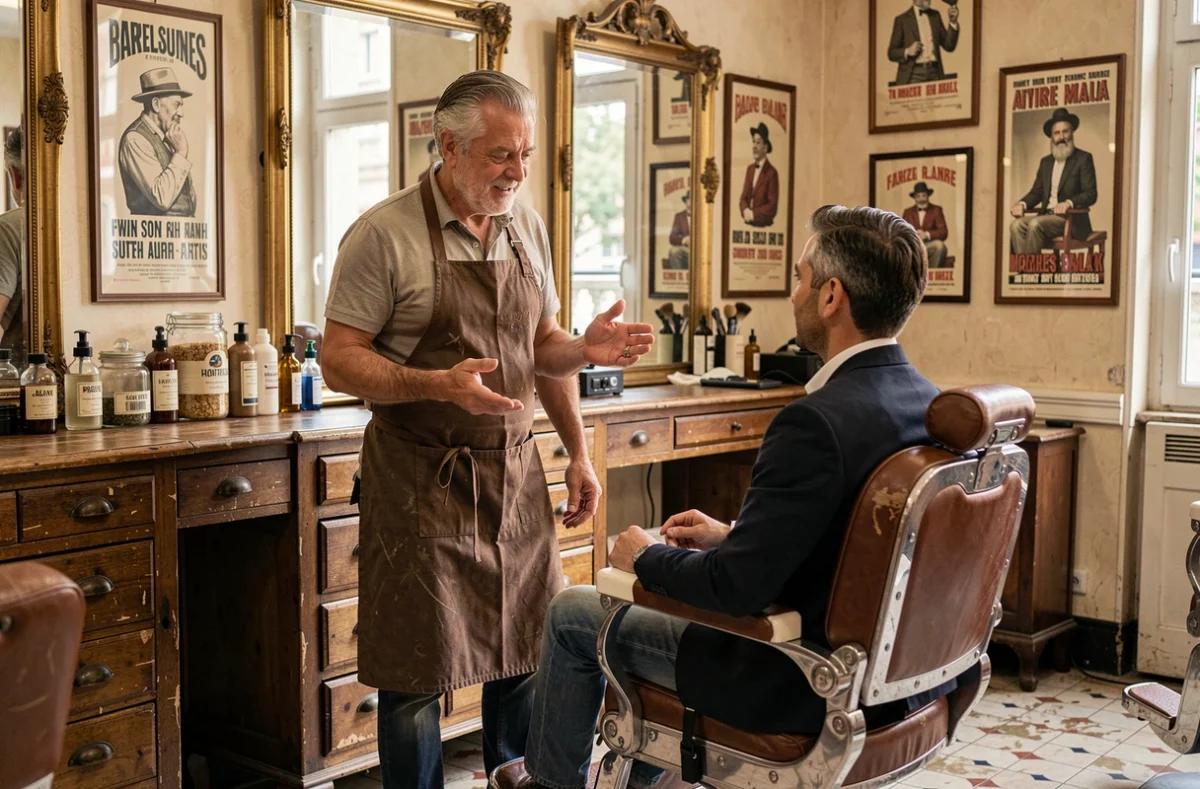 Coiffeur de quartier discutant avec son client dans le salon traditionnel Hair Dress à Versailles