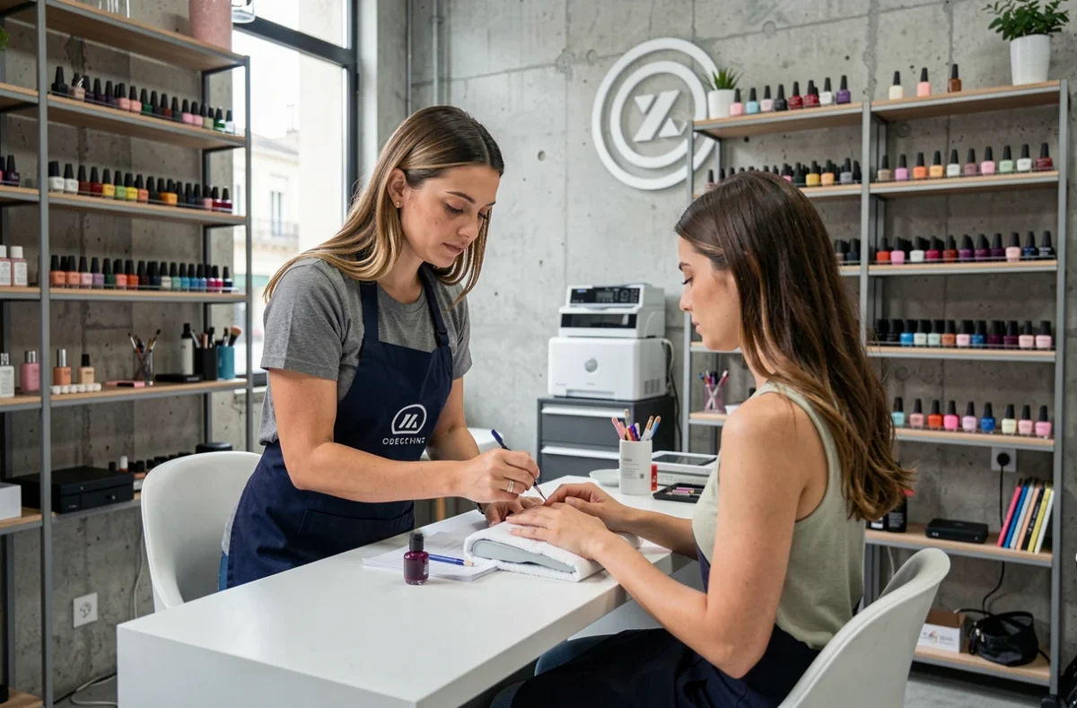 Technicienne en esthétique appliquant du vernis à ongles sur une cliente dans le salon HM Beauty Salon à Marseille