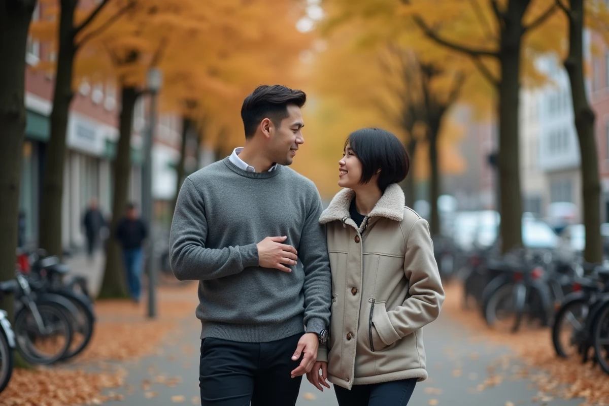 Homme se penchant attentivement vers une femme lors d'une promenade en ville à l'automne, signe d'attirance