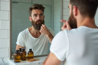 Homme examinant sa barbe clairsemée dans un miroir de salle de bain avec des produits naturels pour la barbe posés sur le comptoir