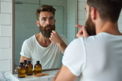 Homme examinant sa barbe clairsemée dans un miroir de salle de bain avec des produits naturels pour la barbe posés sur le comptoir