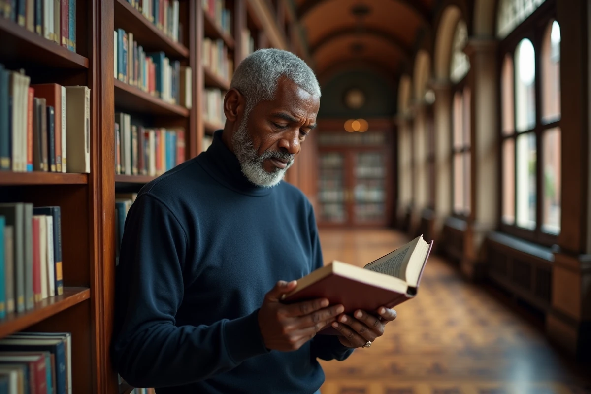 Homme âgé lisant un livre de poésie dans une bibliothèque classique, évoquant la beauté des mots et de la littérature