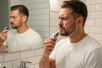 Homme examinant son bouc mal taillé devant un miroir de salle de bain avec une tondeuse à la main