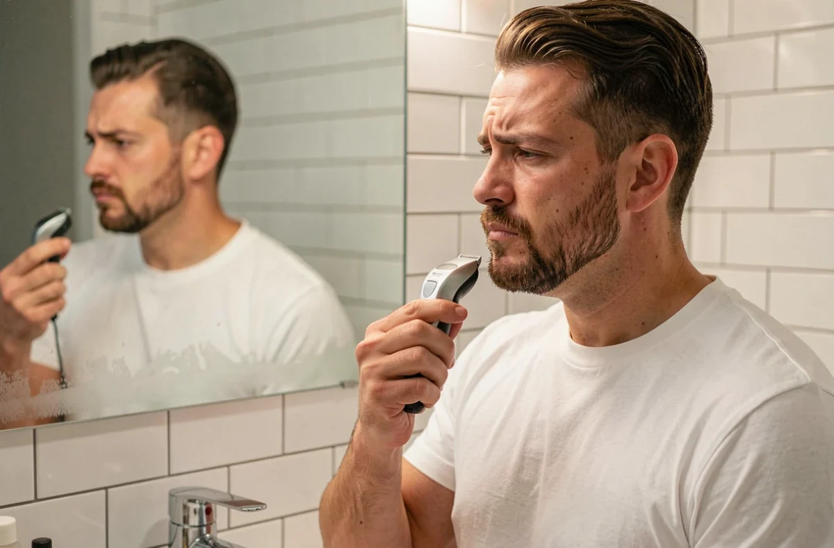Homme examinant son bouc mal taillé devant un miroir de salle de bain avec une tondeuse à la main
