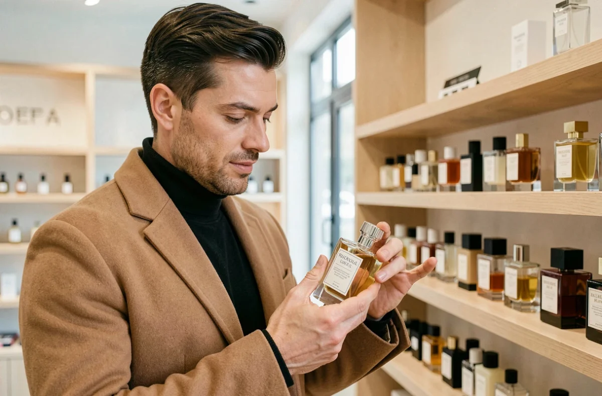 Homme en manteau camel choisissant un parfum dupe Zara en boutique — guide d'achat homme