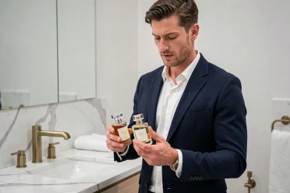 Homme élégant comparant deux flacons de parfum dans une salle de bain moderne — guide des dupes Zara pour homme