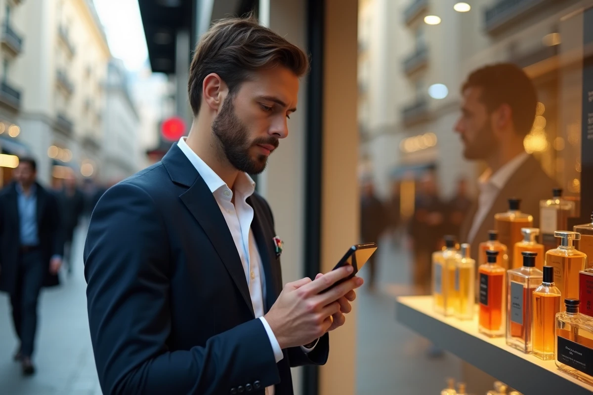 Homme utilisant son téléphone mobile pour comparer des parfums devant la vitrine d'une parfumerie