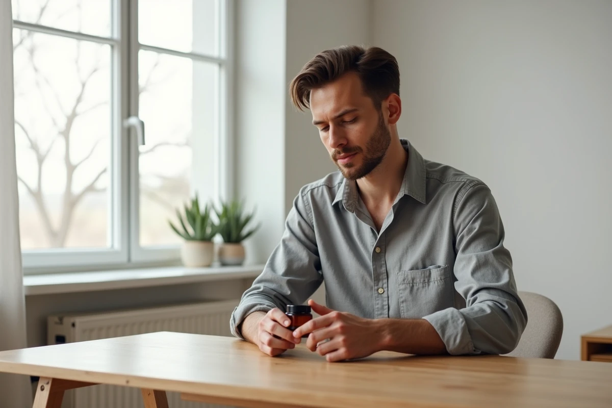Homme tenant un pot de crème hydratante minimaliste dans un intérieur scandinave, approche skinimalism masculine