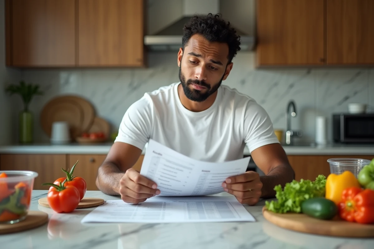 Homme confus assis à une table de cuisine avec des aliments sains et un plan nutritionnel, symbolisant les erreurs courantes dans l'alimentation fitness