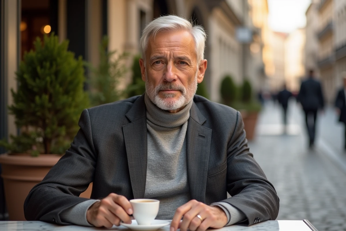 Homme distingué de 70 ans en costume charbon et col roulé gris attablé à une terrasse de café européenne avec un style chic assumé