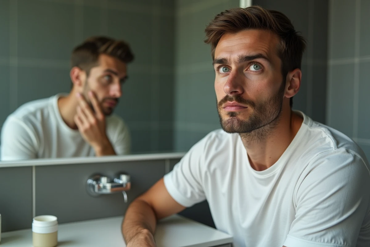 Homme examinant un bouton sur son visage devant un miroir de salle de bain avec une crème posée sur le meuble
