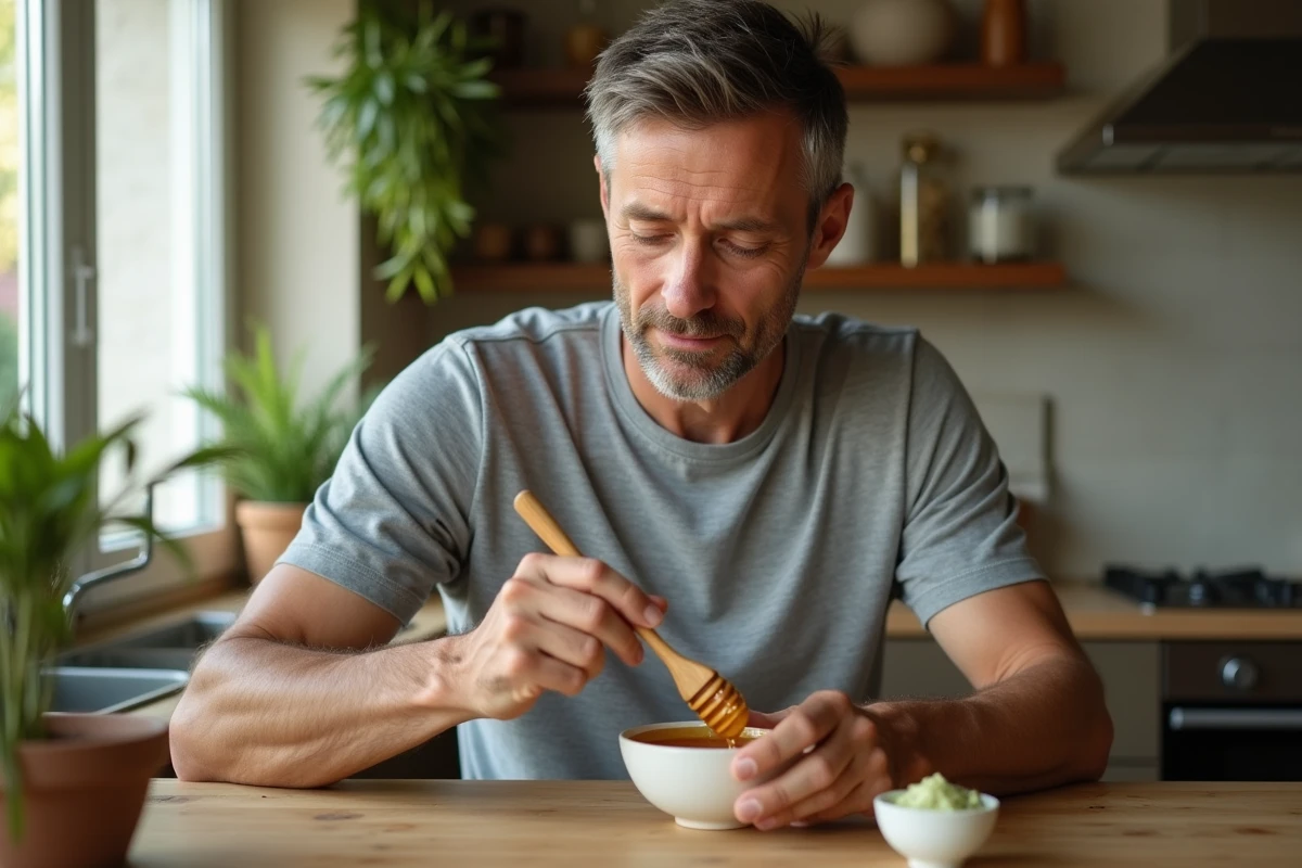 Homme préparant un soin maison au miel et à l'aloe vera contre les cicatrices dans une cuisine naturelle