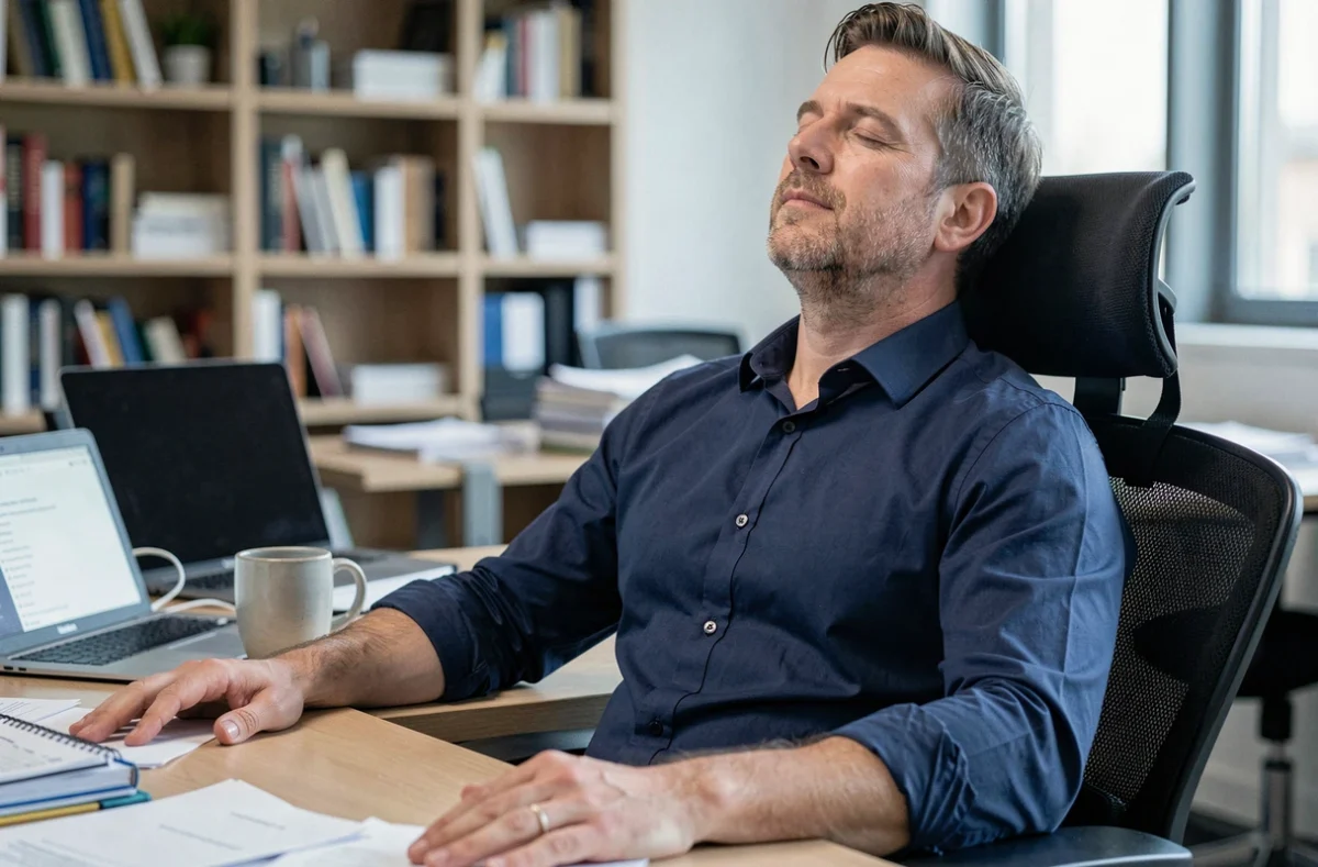 Homme en pause de respiration consciente à son bureau dans un open space professionnel moderne