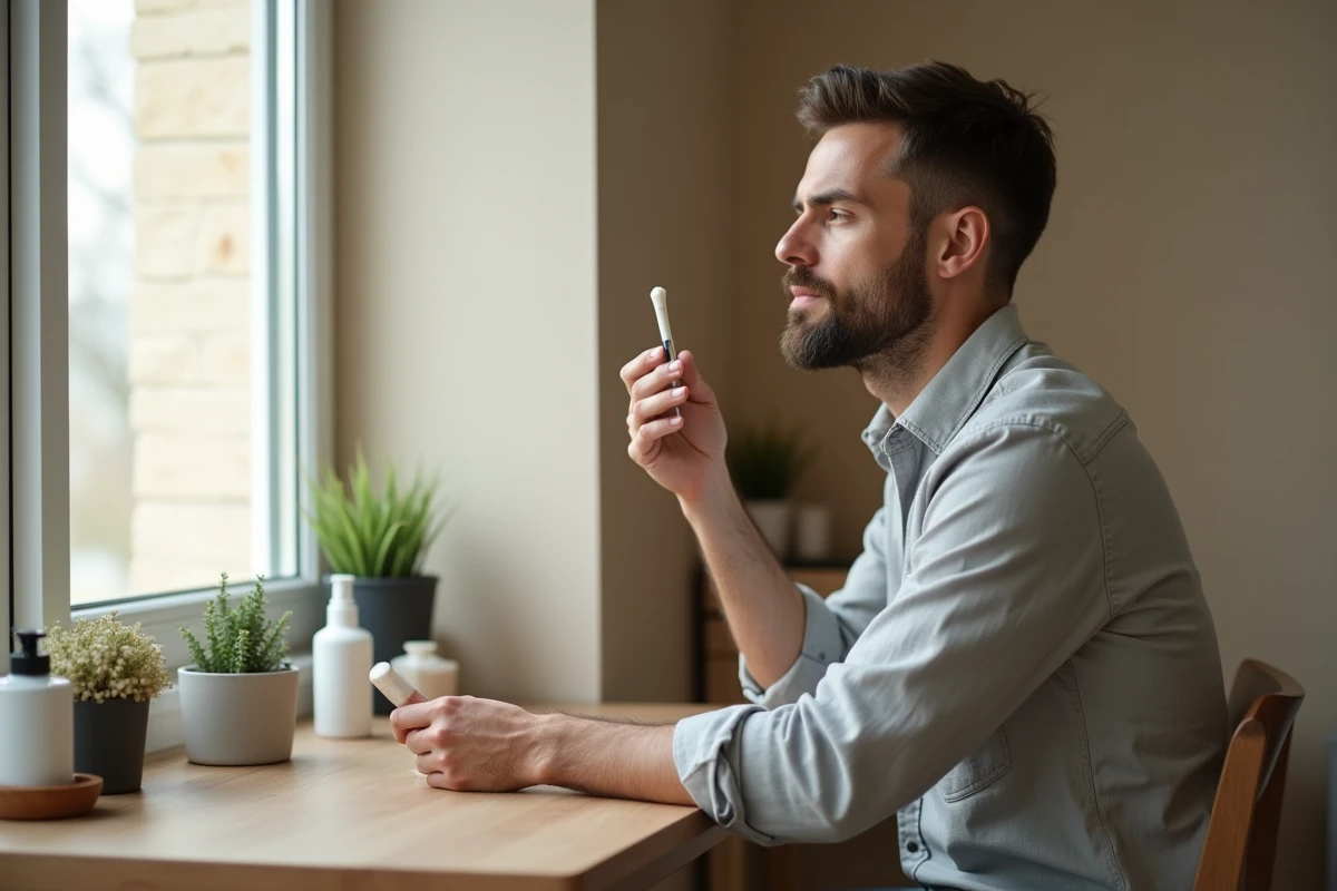 Homme appliquant une crème hydratante visage le matin devant un miroir en bois