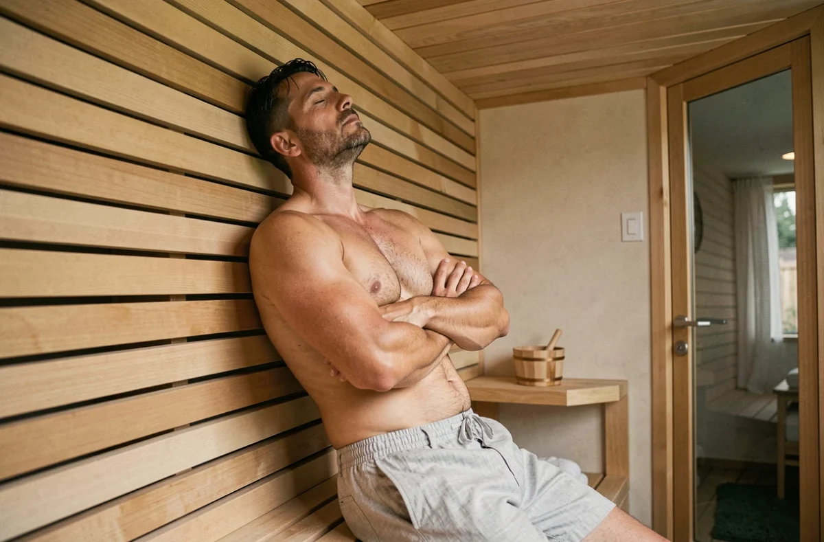 Homme en sauna infrarouge à domicile profitant des bienfaits apaisants sur le mental