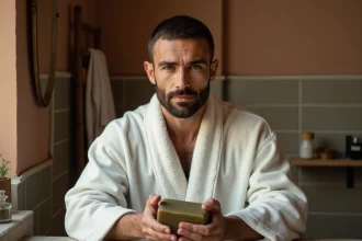 Homme tenant un savon d'Alep artisanal au-dessus d'un évier en pierre pour la routine rasage barbe naturelle