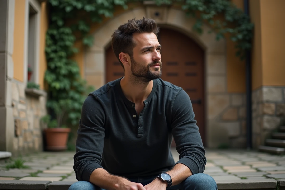 Homme soigné assis sur des marches en pierre dans une cour européenne, représentant l'attractivité masculine par la confiance et la profondeur émotionnelle