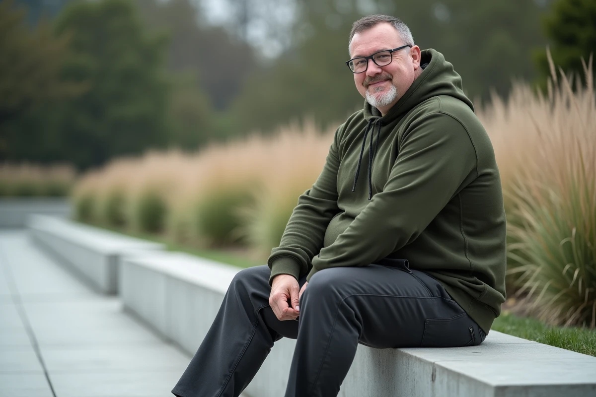 Homme corpulent portant un sweat oversize kaki et un pantalon tailleur gris assis dans un parc moderne