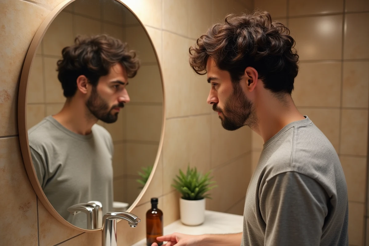 Homme examinant son cuir chevelu devant un miroir de salle de bain avec un flacon de shampooing, questionnement sur la fréquence de lavage