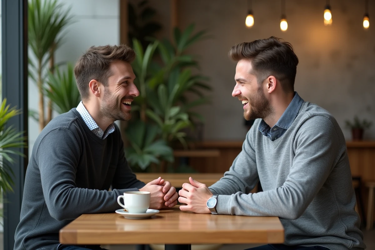 Deux hommes en conversation naturelle dans un café moderne, illustrant l'attractivité sociale et les interactions masculines