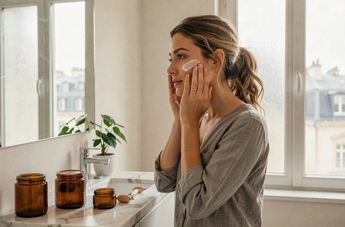 Jeune femme appliquant une crème hydratante dans la salle de bain d'un appartement haussmannien à Paris