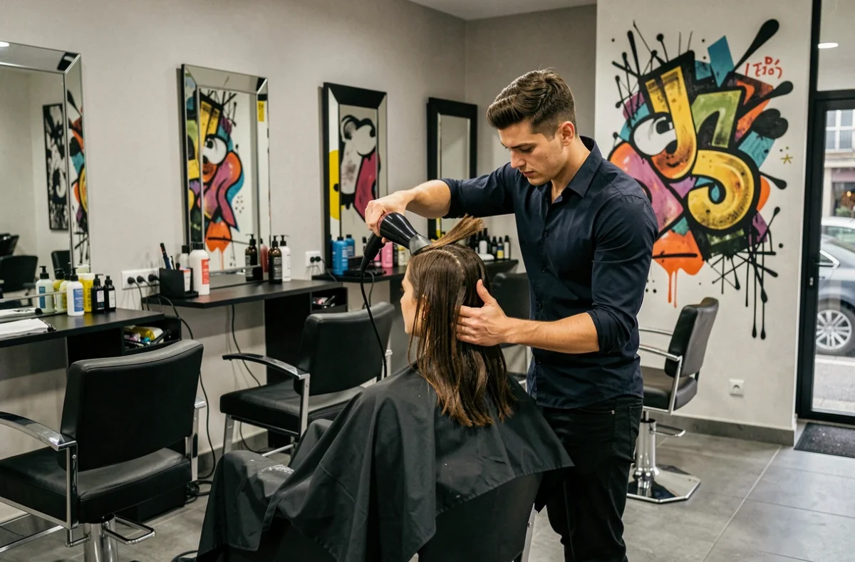 Coiffeur masculin réalisant un brushing dans le salon Impact Coiffure à Sartrouville
